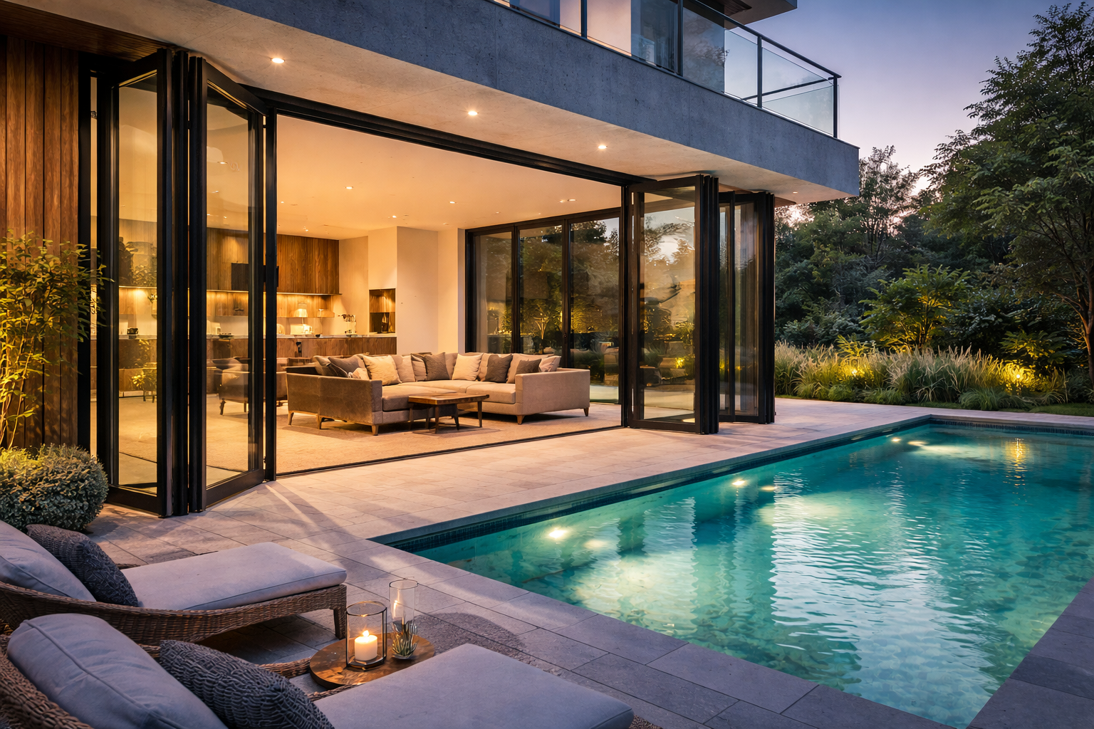 Schücoの大型フォールディングドアとプールのある住まい