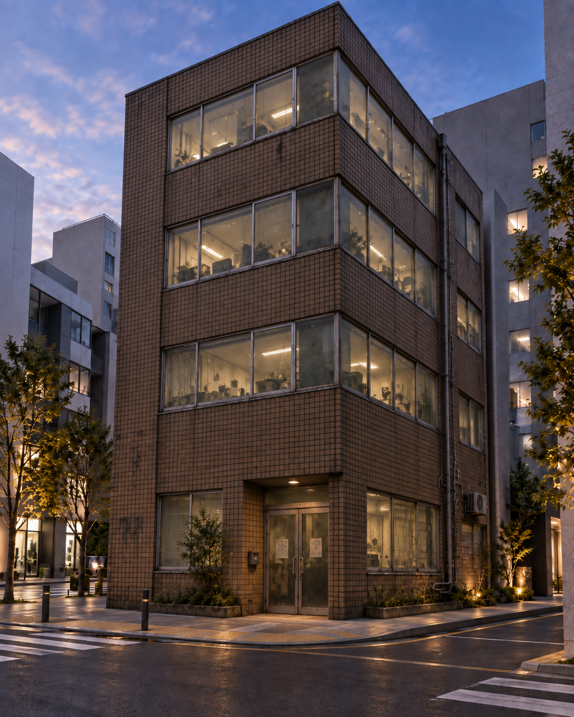 茶色いタイルと古いアルミサッシで構成された改修前の5階建て築古ビル