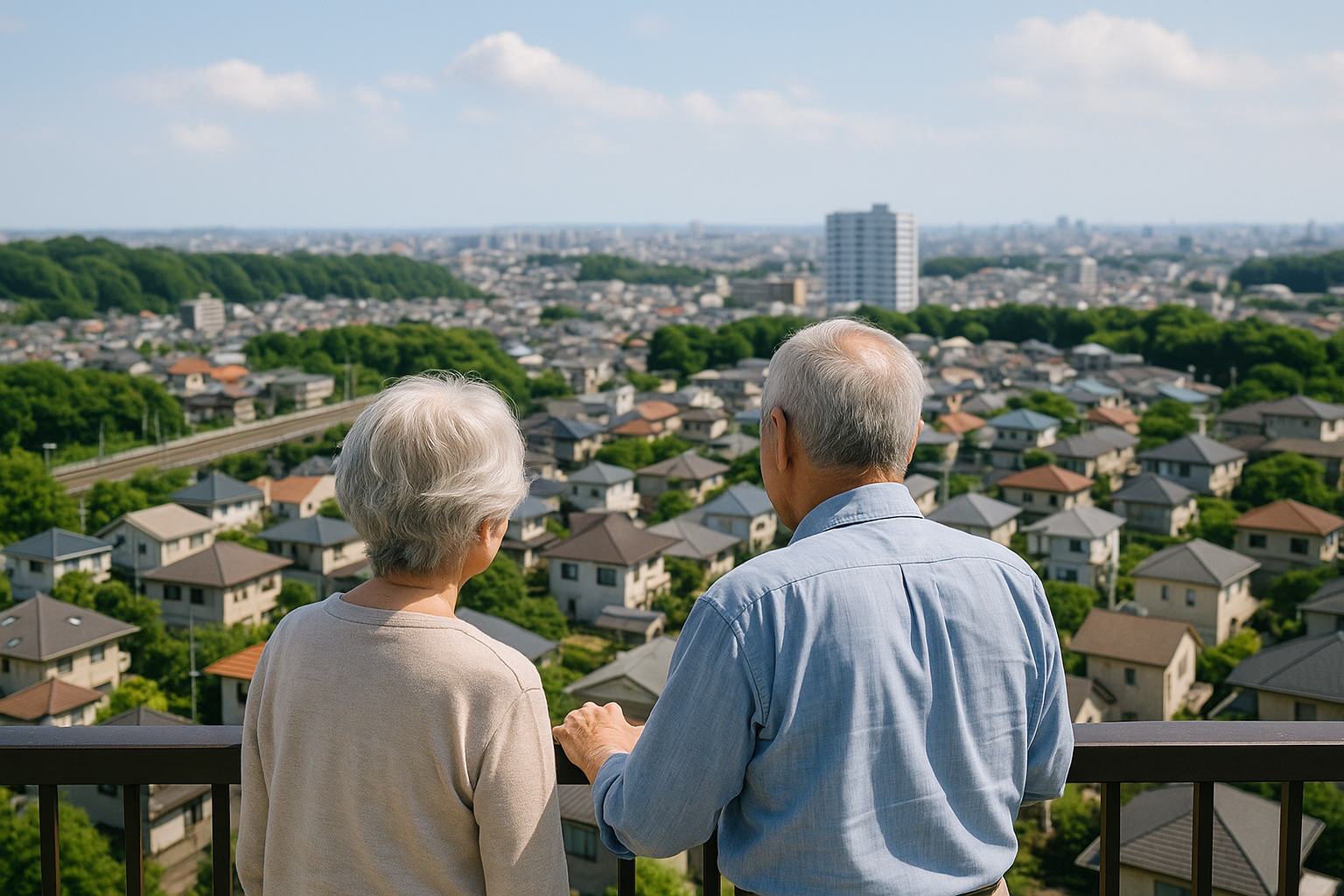 新しい街並みを見下ろす老夫婦の背中