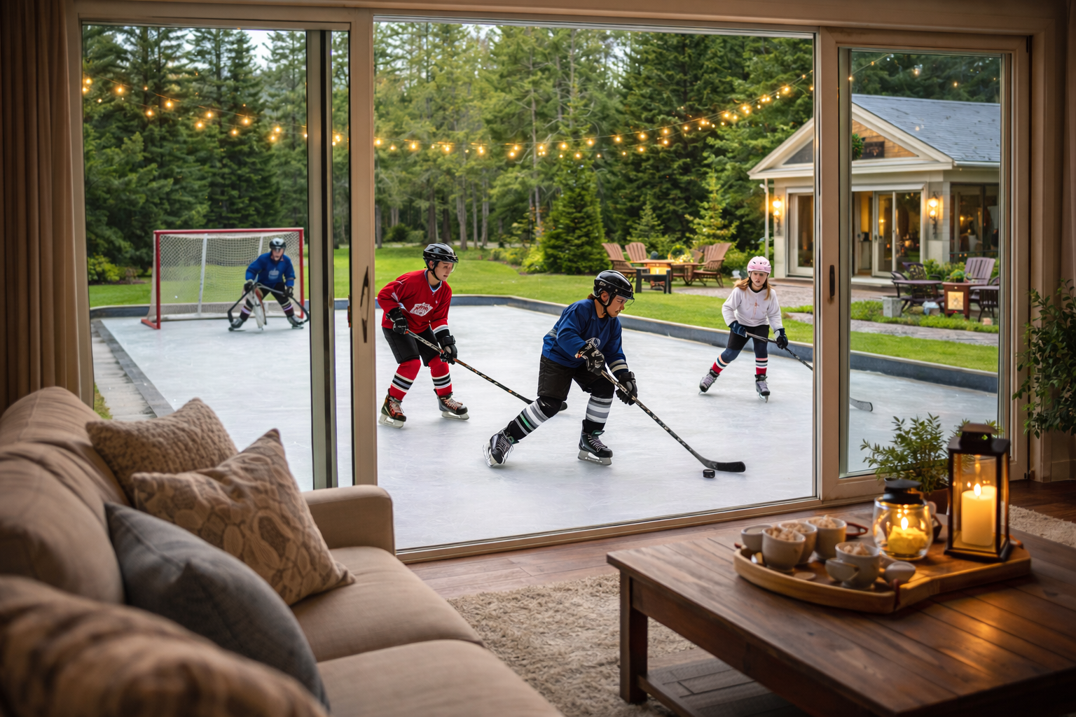 リビングから見える庭の樹脂スケートリンク。春の緑の中で子どもたちが練習しているイメージ