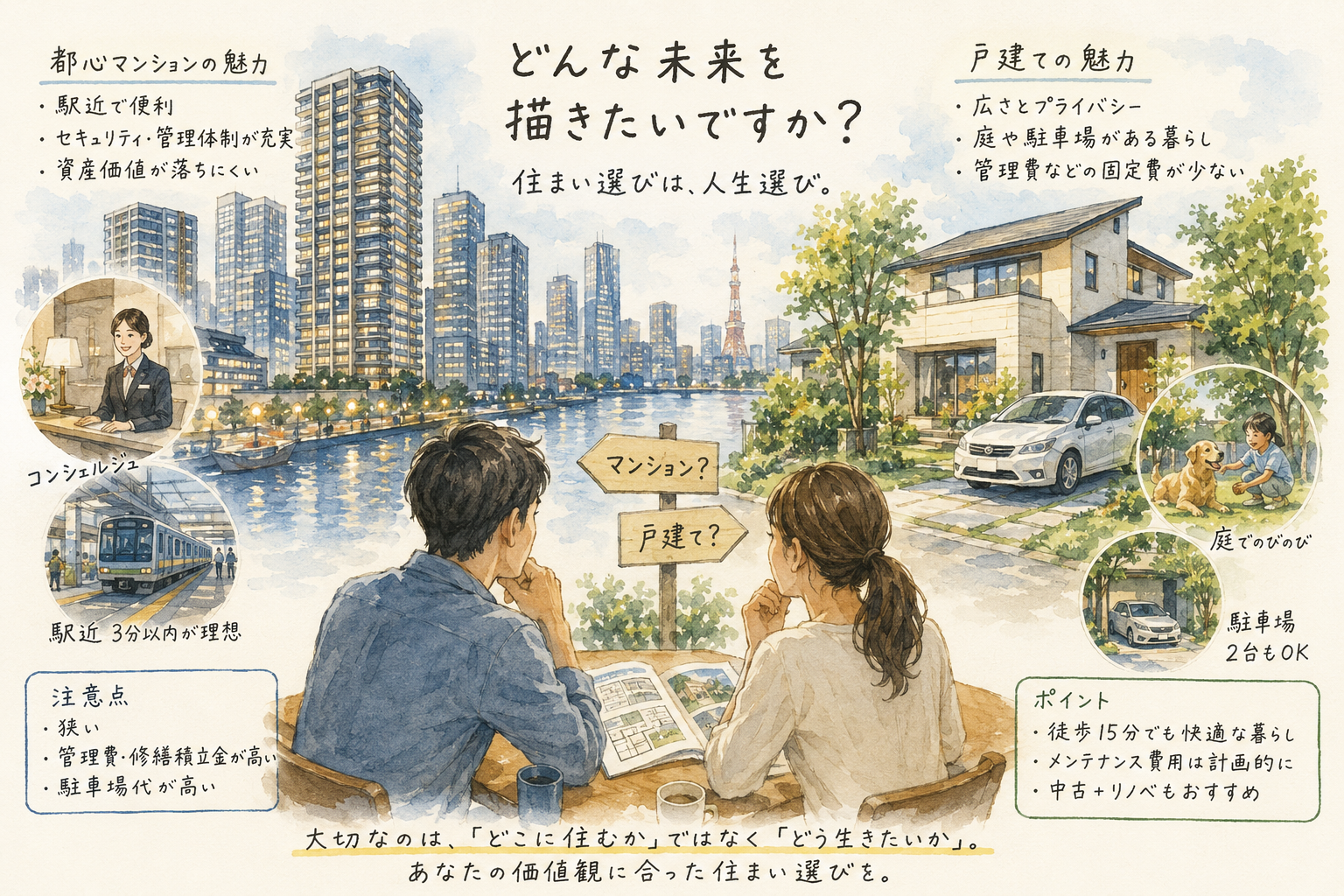 マンションと戸建ての住まい選びを考える家族のイラスト
