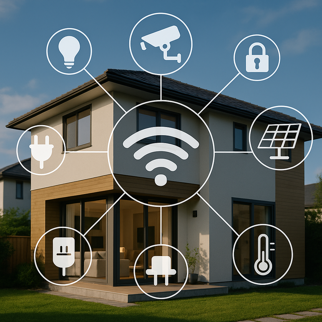 IoT住宅のイメージ。家全体がネットワークでつながり、鍵や照明、空調、エネルギーを一括で管理・自動化できる様子