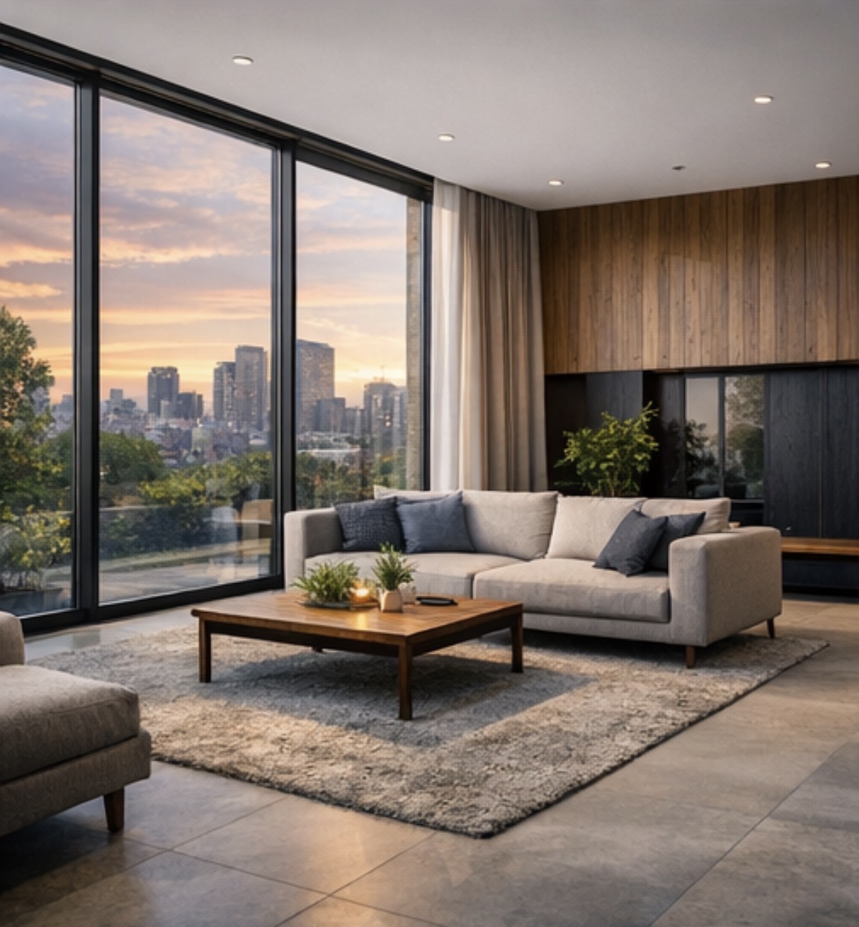 大開口窓のあるリビング空間