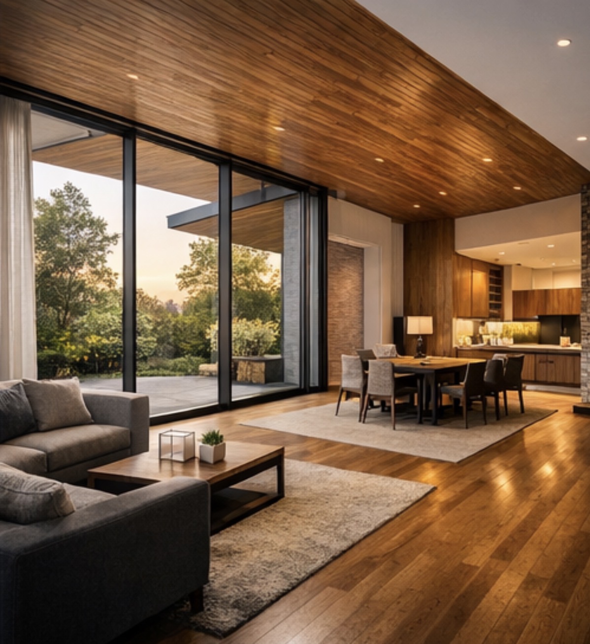 大開口と木質感を生かした上質なインテリア